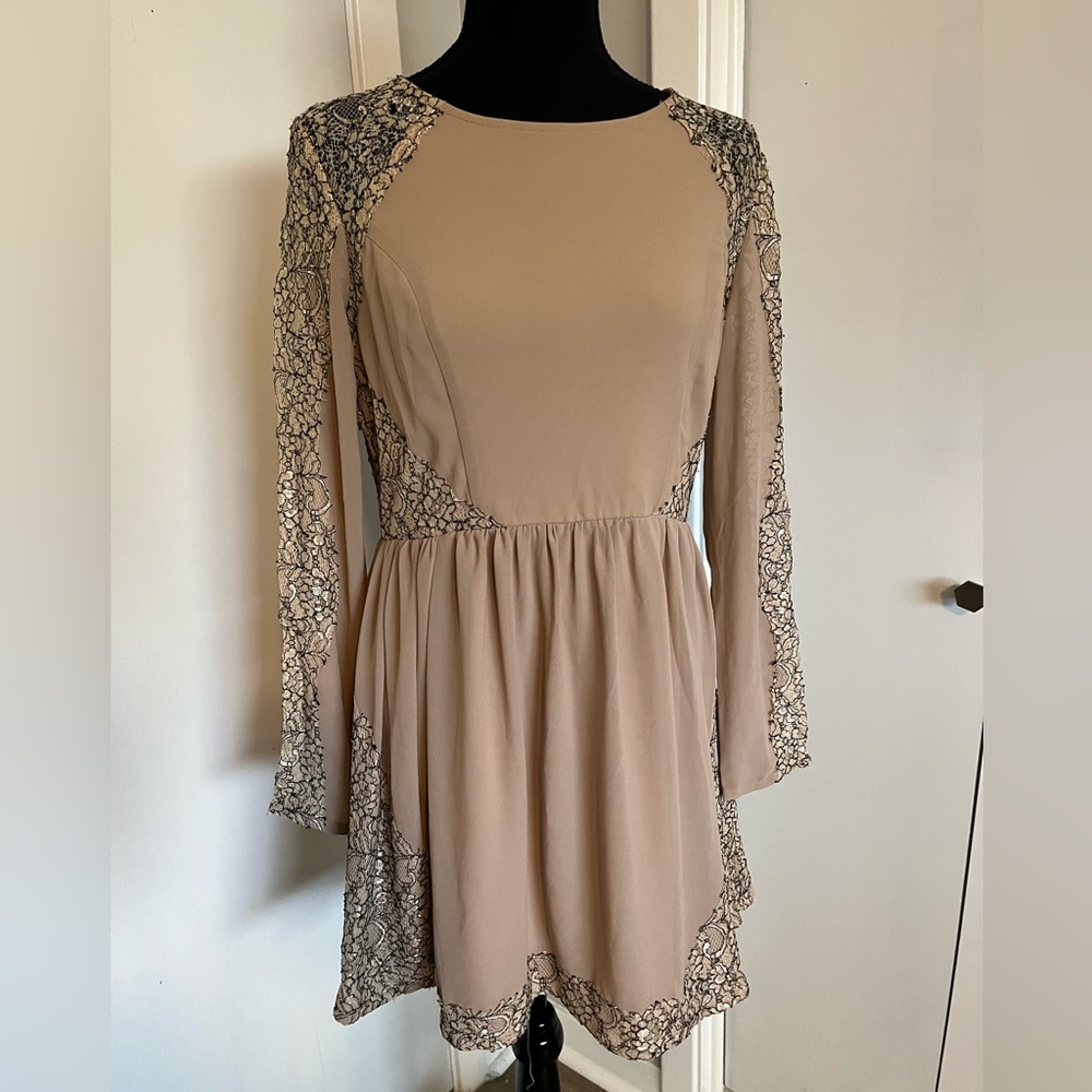 Elegant Lace-Trimmed Tan Dress